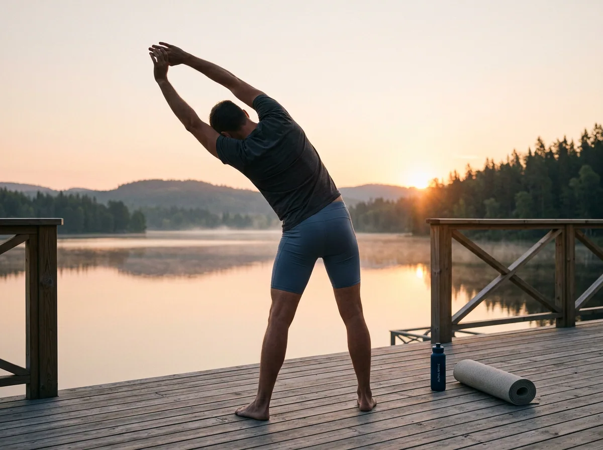 Man som stretchar på terass vid skandinavisk sjö - aktiv livsstil och mäns hälsa
